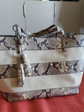 Michael Kors Beige and Brown Snake-Trim Stripe Tote